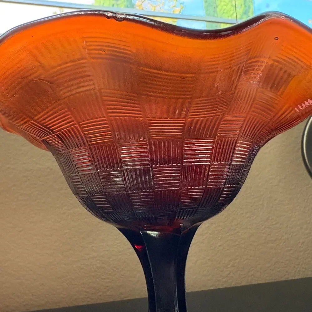 Antique Northwood Amethyst Rainbow Carnival Glass Pedestal Dish, Basket Weave